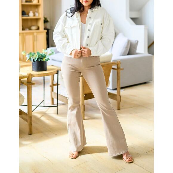 Judy Blue High Rise Double Waistband Flare Pant 7/28 Khaki Denim Tummy Control - Picture 12 of 15